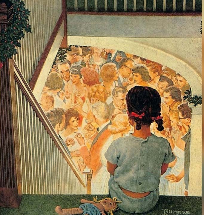 Little girl looking downstairs at Christmas party