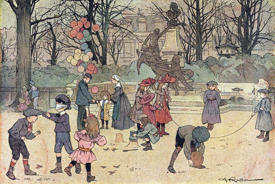 Games of colin-aillard, jumping rope,balloon and sand in the public garden