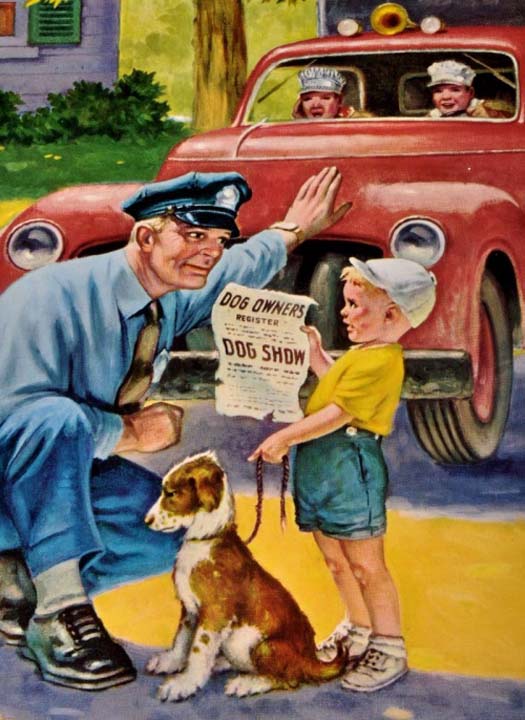 Un policier sympa discute avec un petit garçon et son chien fidèle lors d'une expo canine vintage !